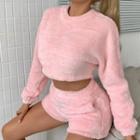 Set:plain Fluffy Long Sleeve Sweater + Shorts