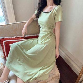Short-sleeve Contrast Trim Cutout Dress