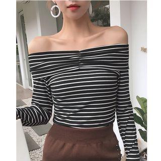 Off-shoulder Striped Long-sleeve T-shirt