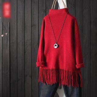 Mock-neck Fringed Chunky Sweater