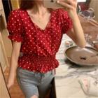 Dotted Short-sleeve Blouse Wine Red - One Size