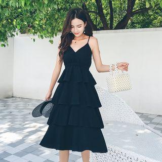 Spaghetti Strap Midi A-line Tiered Dress