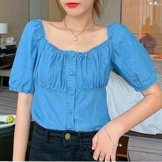 Denim Puff-sleeve Blouse Aqua Blue - One Size