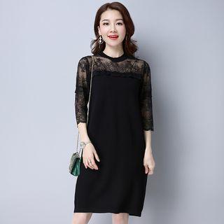 3/4-sleeve Lace Panel Knit Dress