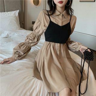 Set: Puff-sleeve Mini A-line Shirt Dress + Cropped Camisole Top