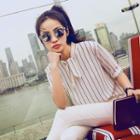 Short-sleeve Stand Collar Striped Blouse
