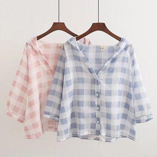 3/4-sleeve Check Hooded Top