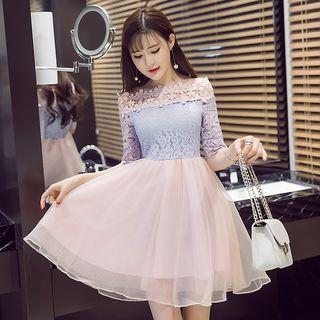 Color Panel Lace Off Shoulder Elbow Sleeve A-line Dress