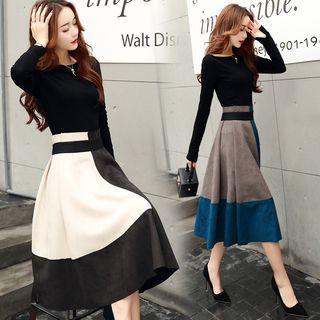 Set: Long-sleeve T-shirt + Color Block A-line Midi Skirt