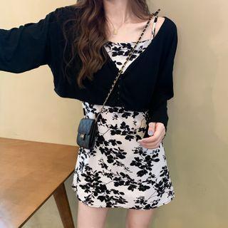 Floral Spaghetti Strap Mini A-line Dress / Plain Cardigan