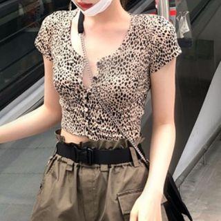 Short-sleeve Leopard Print Button T-shirt T-shirt - Leopard - One Size