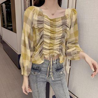 Drawstring Ruched Plaid Blouse