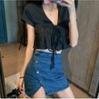 Short-sleeve Drawstring T-shirt / Mini A-line Denim Skirt