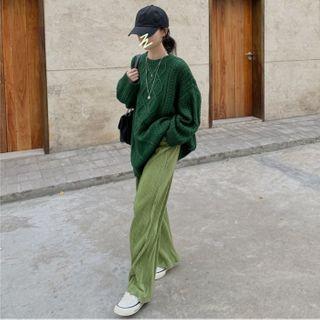 Long-sleeve Plain Cable Knit Sweater / High-waist Loose Fit Pants