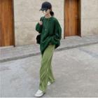 Long-sleeve Plain Cable Knit Sweater / High-waist Loose Fit Pants