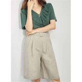 V-neck Frill-trim Short-sleeve Cardigan Green - One Size