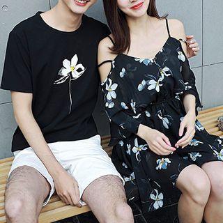 Couple Matching Floral Print Short-sleeve T-shirt / Spaghetti Strap Dress