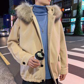 Single Breast Furry Hooded Coat