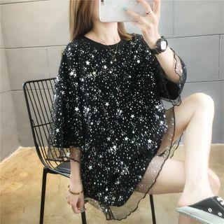 Star Print Mesh Panel Elbow-sleeve Mini T-shirt Dress