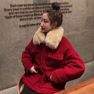 Furry-trim Buttoned Jacket Red - One Size