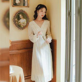 Long-sleeve Lace Midi Dress With V-neck