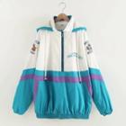 Lettering Color Block Zip-up Hooded Jacket Blue & White - One Size