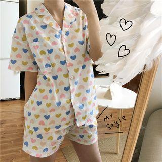 Set:heart Printed Short-sleeve Top + High-waist Shorts