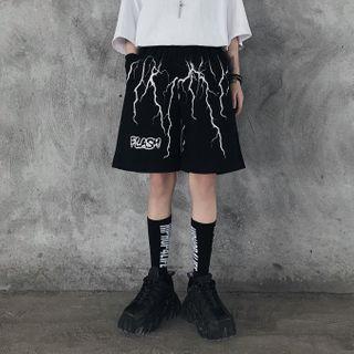 Elastic-waist Lettering Straight-cut Shorts