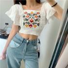 Embroidered Ruffle Loose-fit Cropped Top White - One Size