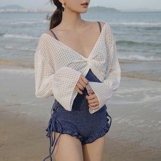 Set: Spaghetti Strap Swimsuit + Long-sleeve Cover-up Top