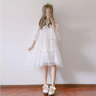 Set: Plain Slipdress + Applique Elbow-sleeve Mesh Dress