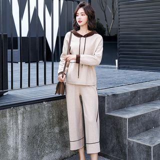 Set: Contrast-trim Knit Hoodie + Capri Knit Wide-leg Pants