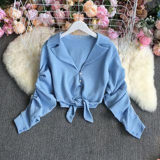 Long-sleeve Open-collar Tie-waist Cropped Blouse