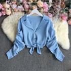 Long-sleeve Open-collar Tie-waist Cropped Blouse