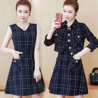Set: Sleeveless Plaid A-line Dress + Jacket