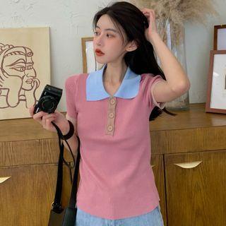 Elbow-sleeve Polo Shirt Pink - One Size