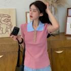 Elbow-sleeve Polo Shirt Pink - One Size