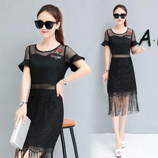 Short-sleeve Mock Two Piece Fringe Dress