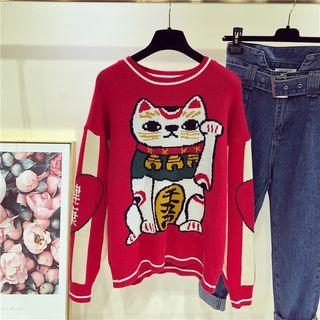Cat Print Knit Sweater Red - One Size