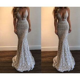 Spaghetti Strap A-line Lace Evening Gown