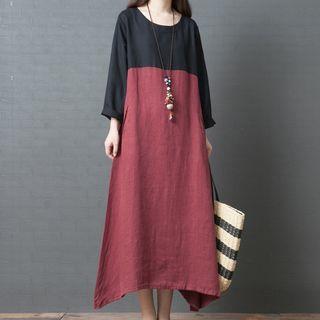 Long-sleeve Two-tone Midi A-line Dress