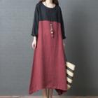 Long-sleeve Two-tone Midi A-line Dress