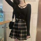 Long-sleeve Cropped Top / Plaid Accordion Pleat Skirt
