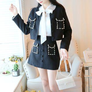 Set: Beaded Cropped Jacket + Tie-neck Blouse + Skirt