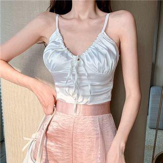Plain Lace-up Camisole Top / Ruched Wide-leg Pants