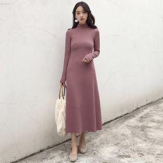 Long-sleeve Mock-neck Midi A-line Knit Dress