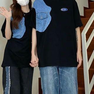 Elbow-sleeve Denim Panel Logo T-shirt