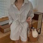 Long-sleeve Striped Shirt Romper Stripe - Gray & White - One Size