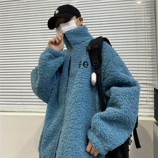 Lettering Fleece Zip-up Jacket Blue - One Size