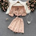 Set Of 2 : Puff-sleeve Off-shoulder Top + High-waist Ruffle Shorts
